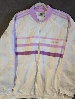 Adidas Women's White Windbreaker with Lavender and Purple Stripes